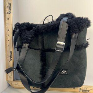 UGG Australia Black Suede Shearling Tote Bag Leather Straps Shoulder Purse
